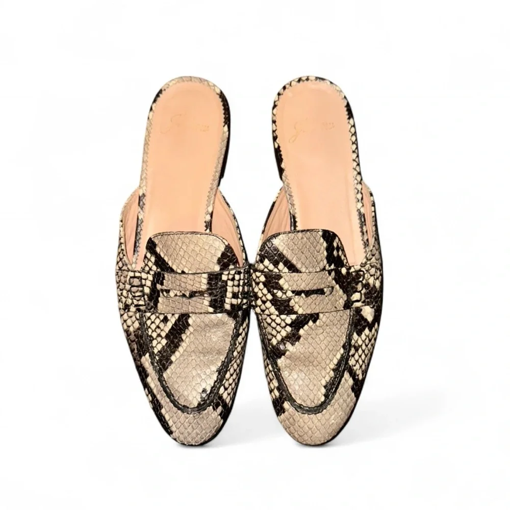 J.‎ Crew W 6.5 Snakeskin Loafers Mules Leather Black Tan Silver Slip On Classic - Picture 2 of 7